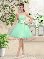 Apple Green A-line Lace and Belt Quinceanera Court of Honor Dress Lace Up Organza Sleeveless Knee Length