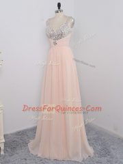 Simple Peach Sleeveless Sequins Floor Length Dress for Prom