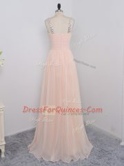 Simple Peach Sleeveless Sequins Floor Length Dress for Prom
