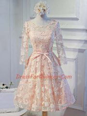 Fantastic Peach Evening Dress Prom and Party and Sweet 16 with Appliques Scoop Long Sleeves Lace Up