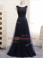 Suitable Tulle Scoop Sleeveless Zipper Beading Prom Gown in Navy Blue