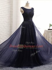 Suitable Tulle Scoop Sleeveless Zipper Beading Prom Gown in Navy Blue