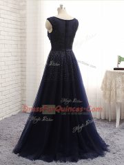 Suitable Tulle Scoop Sleeveless Zipper Beading Prom Gown in Navy Blue