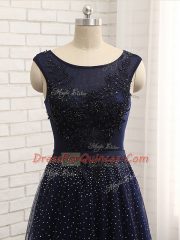 Suitable Tulle Scoop Sleeveless Zipper Beading Prom Gown in Navy Blue