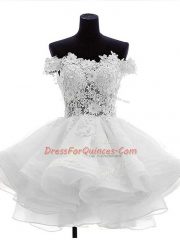Attractive Sleeveless Organza Mini Length Zipper Prom Dress in White with Beading and Lace and Ruffles