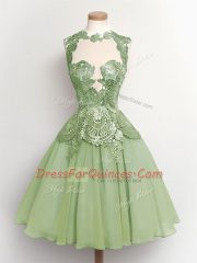 High Quality Green Chiffon Lace Up Dama Dress Sleeveless Knee Length Lace