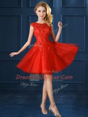 Luxury Red Cap Sleeves Knee Length Lace and Appliques Lace Up Vestidos de Damas