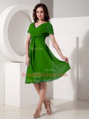 Discount Green Empire Chiffon V-neck Short Sleeves Ruching Knee Length Zipper Prom Dresses
