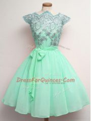 Best Apple Green Vestidos de Damas Prom and Party and Wedding Party with Lace and Belt Scalloped Cap Sleeves Lace Up