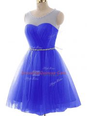 Low Price Mini Length Lace Up Prom Dresses Blue for Prom and Party and Sweet 16 with Beading and Ruching
