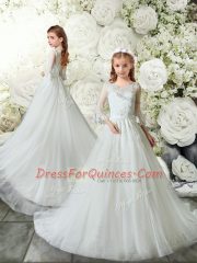 Superior White 3 4 Length Sleeve Tulle Brush Train Clasp Handle Flower Girl Dress for Wedding Party