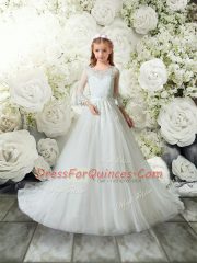 Superior White 3 4 Length Sleeve Tulle Brush Train Clasp Handle Flower Girl Dress for Wedding Party