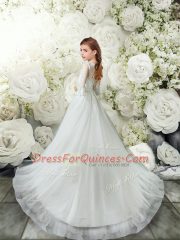 Superior White 3 4 Length Sleeve Tulle Brush Train Clasp Handle Flower Girl Dress for Wedding Party