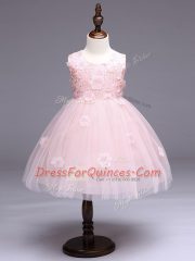 Pretty Knee Length Baby Pink Toddler Flower Girl Dress Tulle Sleeveless Appliques and Bowknot