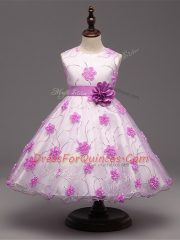 Sleeveless Knee Length Appliques Zipper Toddler Flower Girl Dress with White