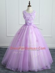 Latest Lavender Scoop Neckline Lace and Appliques and Bowknot Quinceanera Gown Sleeveless Lace Up