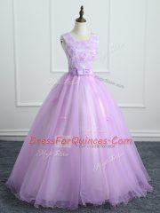 Latest Lavender Scoop Neckline Lace and Appliques and Bowknot Quinceanera Gown Sleeveless Lace Up