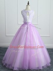 Latest Lavender Scoop Neckline Lace and Appliques and Bowknot Quinceanera Gown Sleeveless Lace Up