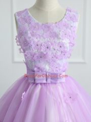 Latest Lavender Scoop Neckline Lace and Appliques and Bowknot Quinceanera Gown Sleeveless Lace Up
