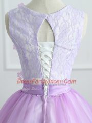 Latest Lavender Scoop Neckline Lace and Appliques and Bowknot Quinceanera Gown Sleeveless Lace Up
