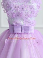 Latest Lavender Scoop Neckline Lace and Appliques and Bowknot Quinceanera Gown Sleeveless Lace Up