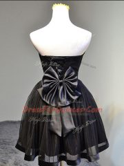 Best Black Tulle Lace Up Prom Evening Gown Sleeveless Mini Length Ruching and Bowknot and Hand Made Flower
