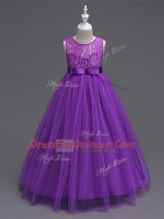 Purple Scoop Neckline Lace Little Girls Pageant Dress Sleeveless Zipper