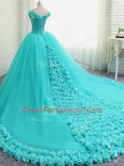 Romantic Sleeveless Court Train Lace Up Hand Made Flower Sweet 16 Quinceanera Dress