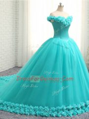 Romantic Sleeveless Court Train Lace Up Hand Made Flower Sweet 16 Quinceanera Dress