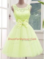 Pretty Yellow Green Sleeveless Lace and Bowknot Knee Length Damas Dress