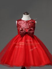 Red Little Girls Pageant Dress Wholesale Wedding Party with Sequins and Bowknot Scoop Sleeveless Zipper