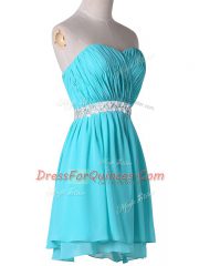 Decent Chiffon Sweetheart Sleeveless Lace Up Beading and Ruching Prom Dress in Aqua Blue