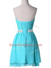 Decent Chiffon Sweetheart Sleeveless Lace Up Beading and Ruching Prom Dress in Aqua Blue