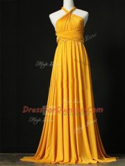 Halter Top Sleeveless Quinceanera Court of Honor Dress Sweep Train Ruching Orange Chiffon