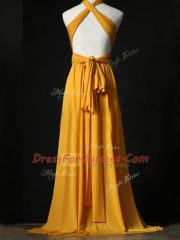Halter Top Sleeveless Quinceanera Court of Honor Dress Sweep Train Ruching Orange Chiffon
