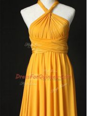 Halter Top Sleeveless Quinceanera Court of Honor Dress Sweep Train Ruching Orange Chiffon