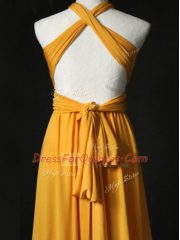 Halter Top Sleeveless Quinceanera Court of Honor Dress Sweep Train Ruching Orange Chiffon