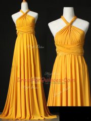 Halter Top Sleeveless Quinceanera Court of Honor Dress Sweep Train Ruching Orange Chiffon