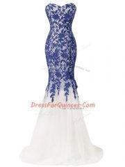 Simple Blue And White Lace Up Sweetheart Lace and Appliques Homecoming Dress Tulle Sleeveless Brush Train
