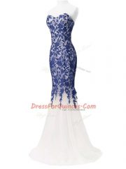 Simple Blue And White Lace Up Sweetheart Lace and Appliques Homecoming Dress Tulle Sleeveless Brush Train