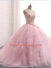 Beading and Ruffles 15 Quinceanera Dress Baby Pink Lace Up Sleeveless Brush Train
