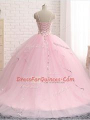 Beading and Ruffles 15 Quinceanera Dress Baby Pink Lace Up Sleeveless Brush Train