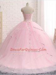 Beading and Ruffles 15 Quinceanera Dress Baby Pink Lace Up Sleeveless Brush Train