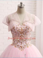 Beading and Ruffles 15 Quinceanera Dress Baby Pink Lace Up Sleeveless Brush Train