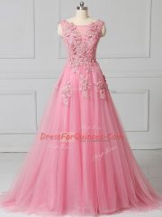 Elegant Pink Prom Party Dress Tulle Brush Train Sleeveless Appliques
