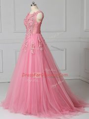Elegant Pink Prom Party Dress Tulle Brush Train Sleeveless Appliques