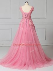 Elegant Pink Prom Party Dress Tulle Brush Train Sleeveless Appliques