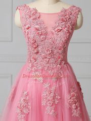 Elegant Pink Prom Party Dress Tulle Brush Train Sleeveless Appliques