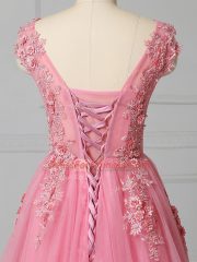 Elegant Pink Prom Party Dress Tulle Brush Train Sleeveless Appliques
