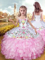 Glorious Rose Pink Little Girls Pageant Dress Wholesale Wedding Party with Embroidery and Ruffled Layers Straps Sleeveless Lace Up